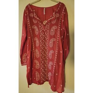 Florabella Womens L Tunic Lightweight Embroidered Cotton Red Boho Hippie Lng Slv